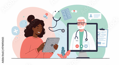 A woman consults a doctor on a computer screen during a virtual medical appointment