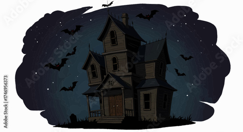 A haunted mansion stands alone at night surrounded by bats flying in the dark sky.