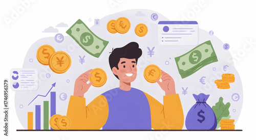 Man surrounded by financial symbols and currency, analyzing investment opportunities from a central viewpoint