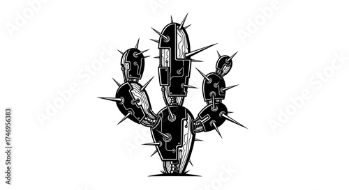 Monochrome Cactus Illustration with Thorns and Geometric Details.