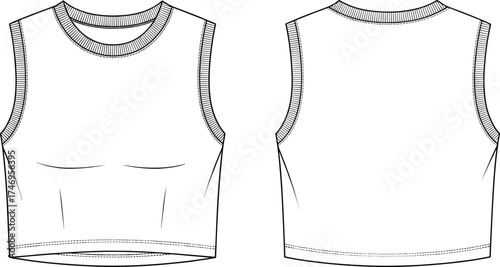 Sleeveless crop top technical fashion sketch, front and back view, ribbed neckline and armholes, fitted silhouette, CAD drawing flat vector illustration