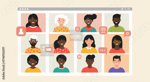 Diverse group of people participating in a virtual meeting on a computer screen