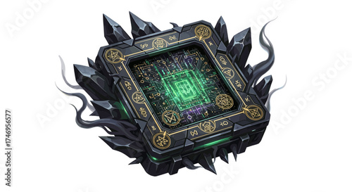 Mysterious Technological Device Surrounded by Crystalline Structures.