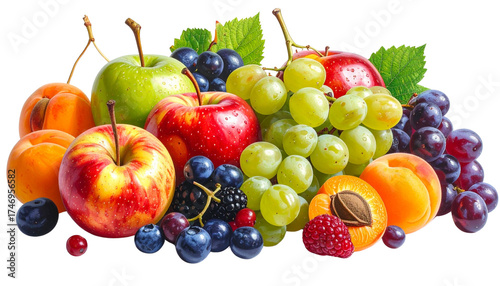 Colorful Assortment of Fresh Summer Fruits Apples, Grapes, Berries, Pears & Apricots on White Background  
