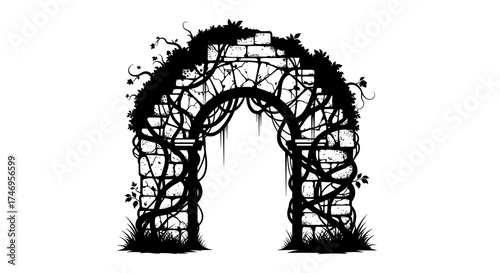 Mysterious Stone Archway Covered in Overgrown Vines and Foliage.