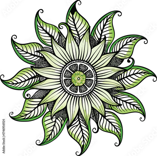 Intricate Floral Design, Botanical Art, Nature, Illustration, Vibrant Green, Creative Viewpoint, Nature-Inspired Concept