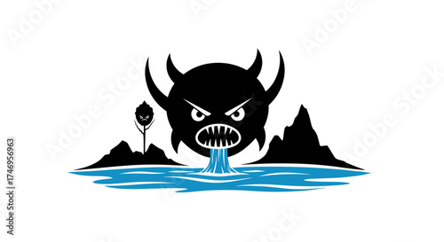 Scary Monster Emerging From Water With Mountains And Tree.