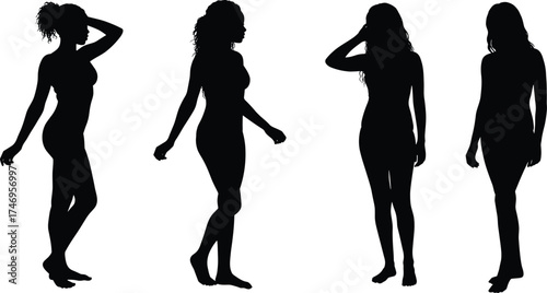 Women silhouettes standing, casual poses, hand on head, relaxed posture, body language, fashion figure, anatomy study, lifestyle, gesture, design