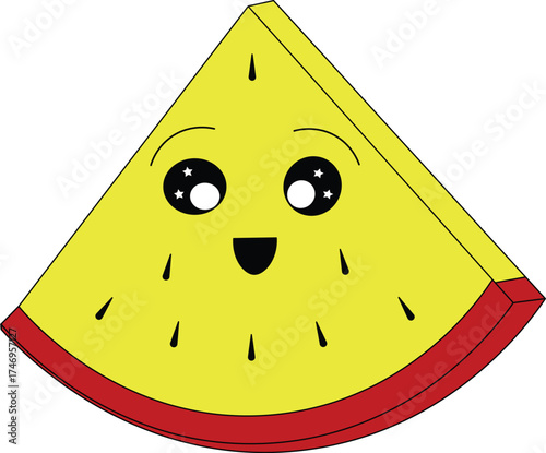 A cartoon vector illustration of a yellow slice of watermelon and a happy smile isolated on white background