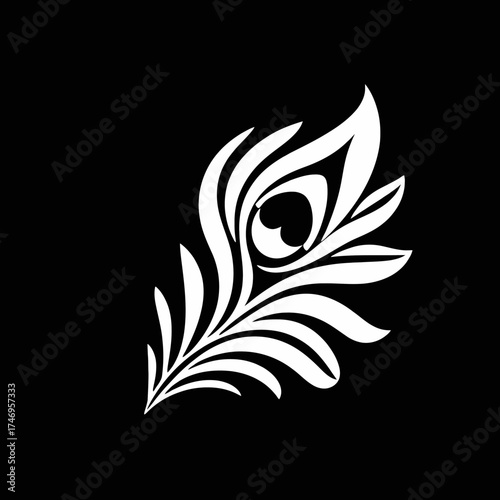 A stylized, white peacock feather design is isolated against a solid black background.
