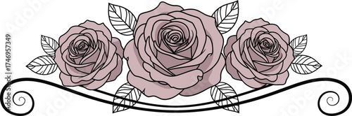 Pastel Roses Bouquet with Leaves and Swirl Flourish on a White Background Design