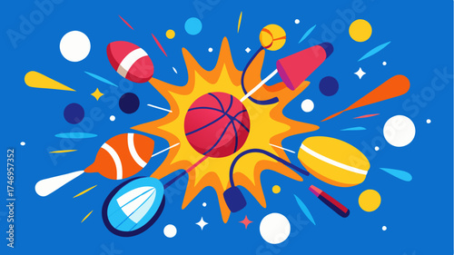 A vibrant burst of various sports gear including balls racquets and helmets exploding outward from a central point.