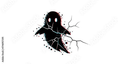Spooky ghost silhouette emerging from cracked wall with glitch effect.