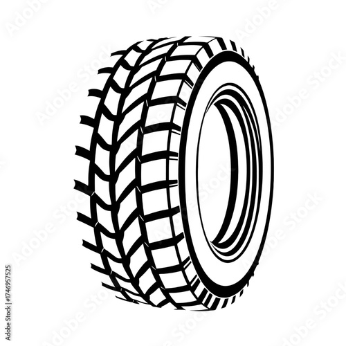 Black and white illustration of a tire with a distinct tread pattern, angled slightly to the left.