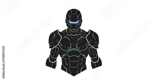 Stylized Black Superhero Armor with Glowing Blue Eyes.