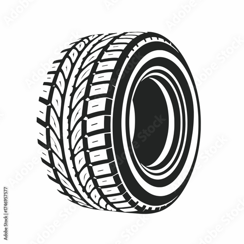 Black and white illustration of a tire with detailed tread pattern viewed at an angle.