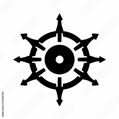 A stark black and white illustration of a stylized, radial symbol with sharp points.