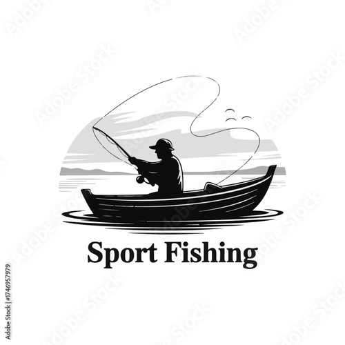 Black and White Sport Fishing Scene Emblem Design