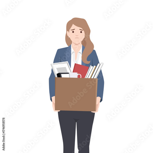Sad businesswoman carrying a box with office supplies after losing job, unemployment and layoff. Flat vector illustration isolated on white background