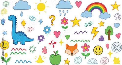 Playful Doodle Dinosaur, Rainbow, Sun, Flower, Cloud, Fox on White Background