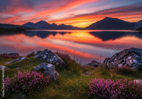 Vibrant sunset over a serene lake with mountains and heather in bloom