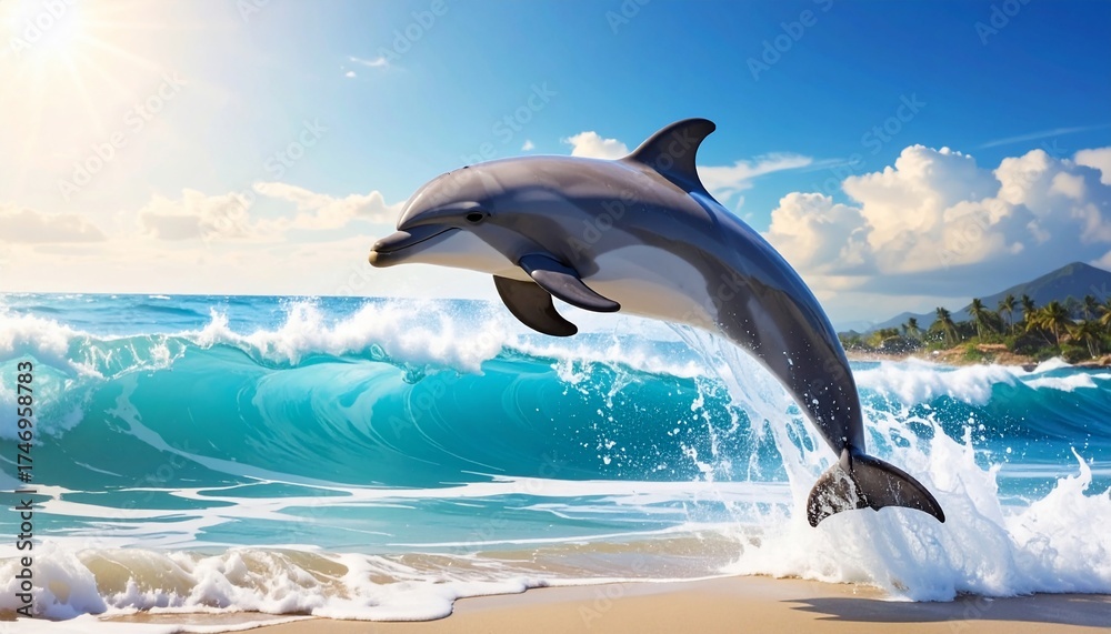 Fototapeta premium A joyous dolphin leaps from the ocean, showcasing its graceful aquatic movements in the sunlight