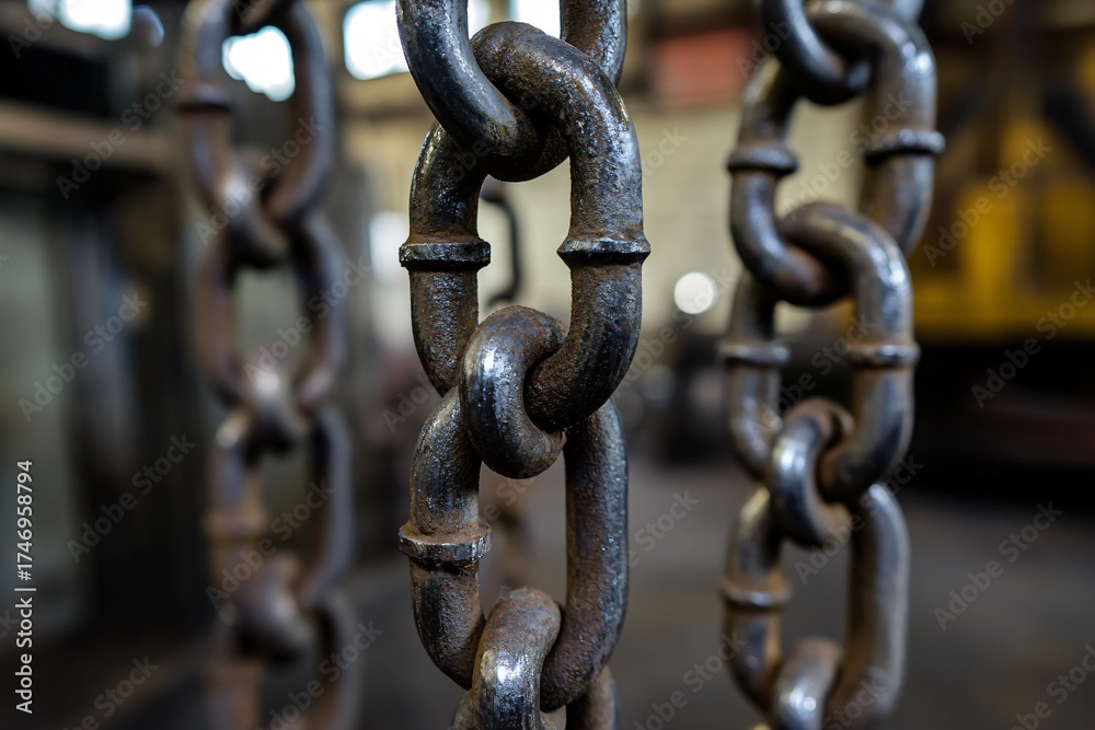 Fototapeta premium Metal chains hang in a blurred industrial setting with machinery visible.