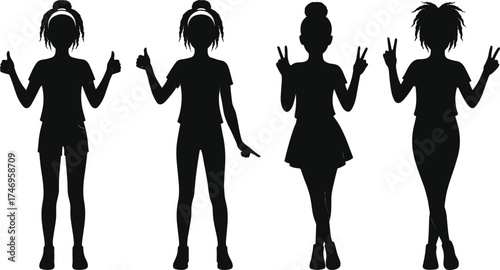 Women silhouettes with hairstyles, ponytail, bun, spiky hair, shorts, skirt, dress, peace sign, thumbs up, pointing gesture, fashion, style, expression