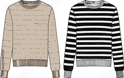 Sweater comparison fashion sketch, striped and speckled design front view, cad drawing flat vector illustration for apparel design and textile analysis