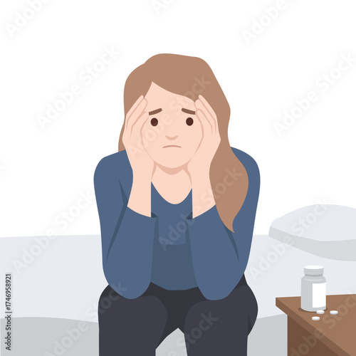 Sad stressed woman sitting on bed with head in hands, feeling anxiety and depression. Flat vector illustration isolated on white background
