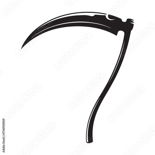 A stark black silhouette of a classic scythe with a long curved blade and wooden handle on a white background
