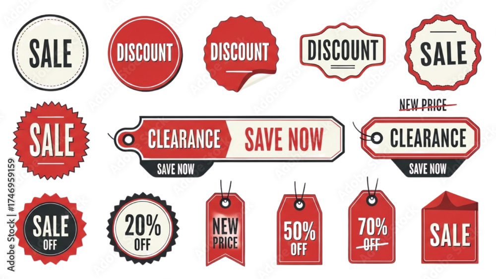 Obraz premium Vintage Sale Stickers – Retro Red and White Price Tags and Discount Labels