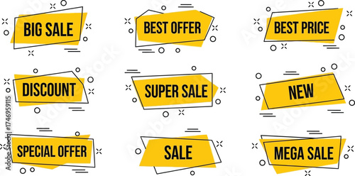 Sale Labels Set Featuring Promotion Messages in Yellow Geometric Shapes on White