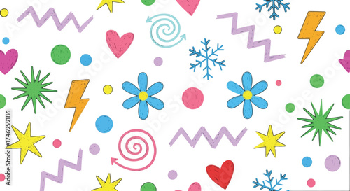 Seamless Backdrop of Flowers, Lightning Bolts, Circles, Hearts and other shapes
