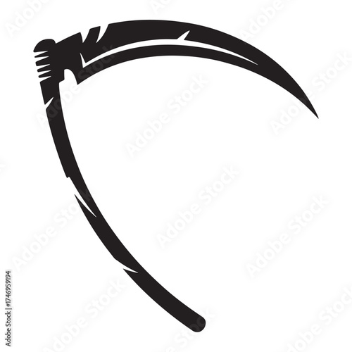 Stylized black silhouette of a grim reaper s scythe on a white background