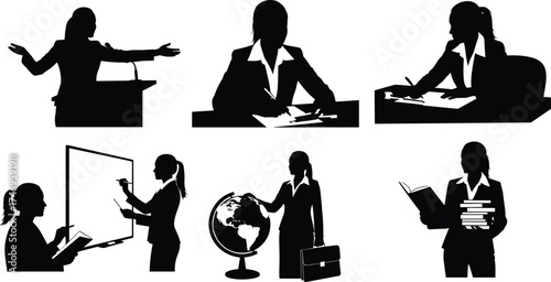 Women silhouettes working, teaching, studying, business presentation, writing at desk, global education, professional posture, communication, learning, academic study, career