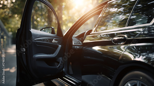 Luxury car door open with sun shining through trees