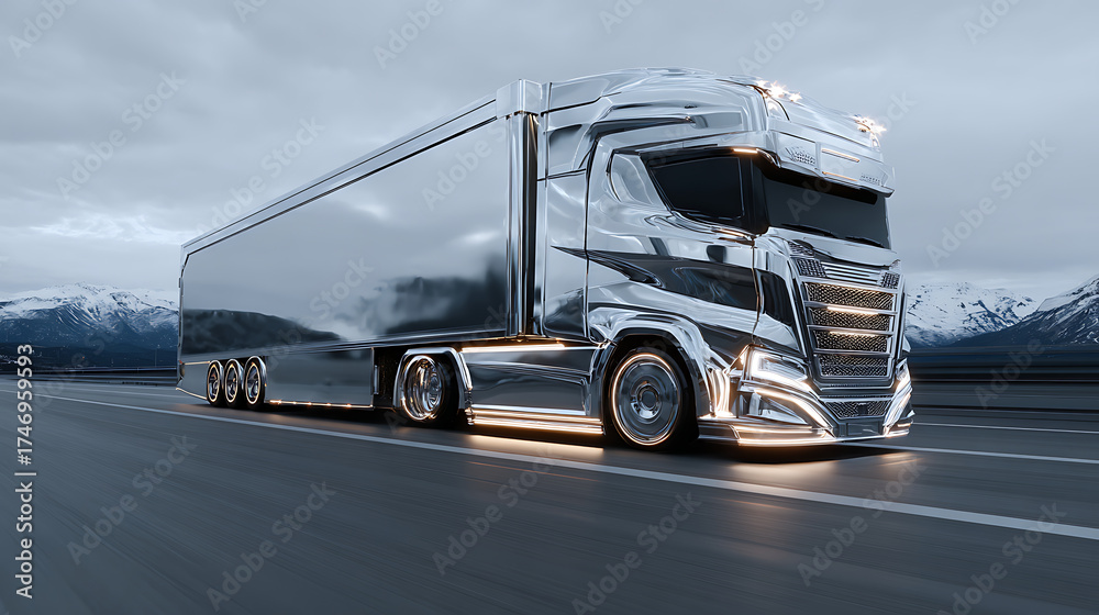 Naklejka premium Sleek Futuristic Chrome Semi-Truck on Highway, Modern Transportation Concept