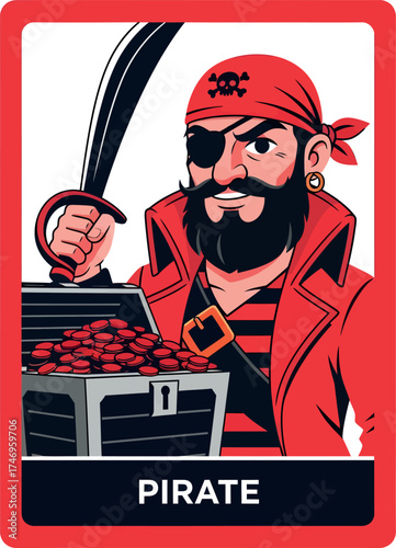 Cartoon Pirate with Treasure Chest and Sword