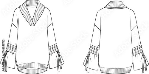 Women's fashion top, technical flat sketch, V-neck long sleeve, ruched drawstring detail, ribbed hem and cuff, front and back view, apparel design