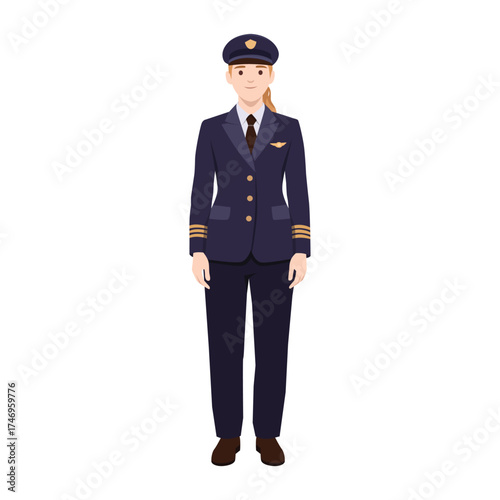 Pilot in professional airline uniform, standing confidently with cap and formal attire. Flat vector illustration isolated on white background