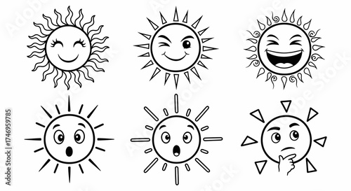 Expressive sun characters bring warmth and joy, perfect for cheerful designs and sunny day themes, radiating positive energy and happiness