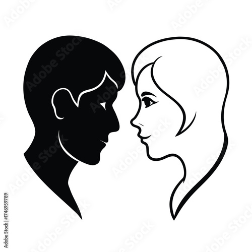 Contrasting black and white male and female head silhouettes facing each other