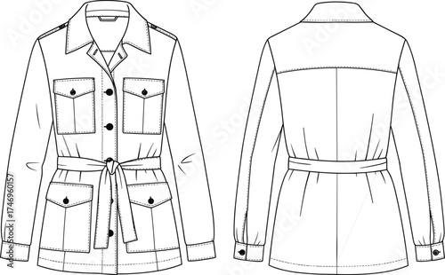 Utility belted jacket flat sketch front and back view, fashion technical drawing with patch pockets, stylish outerwear vector apparel design illustration