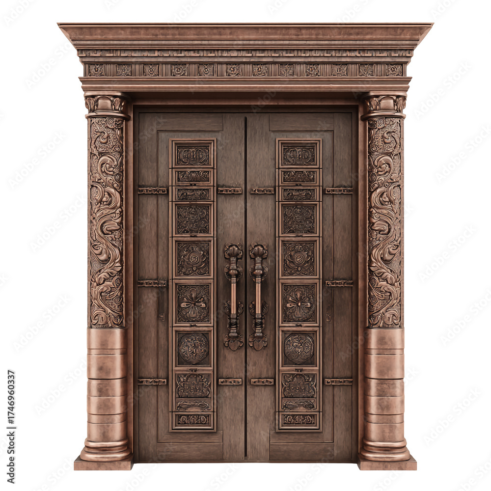 Fototapeta premium Ornate bronze double door isolated on transparent background, with detailed carvings and columns