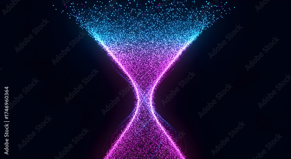 Fototapeta premium Abstract hourglass with glowing particles in blue and purple on black background time concept design