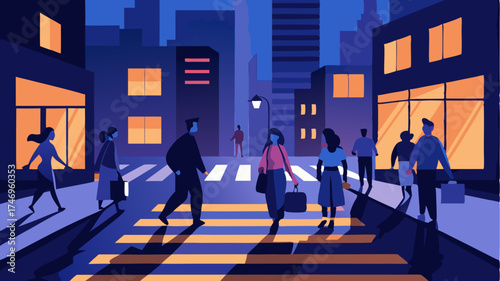 An evening city scene with illuminated windows and busy pedestrians crossing a crosswalk capturing the vibrancy of nightlife and street culture.