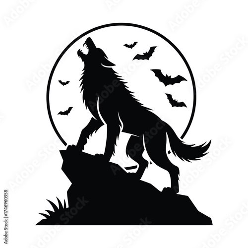 Silhouette of a wolf howling at the full moon with bats flying in the night sky