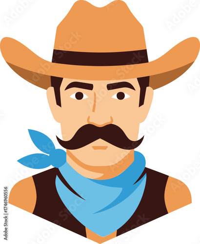 Flat Illustration of a Cowboy with Mustache and Bandana