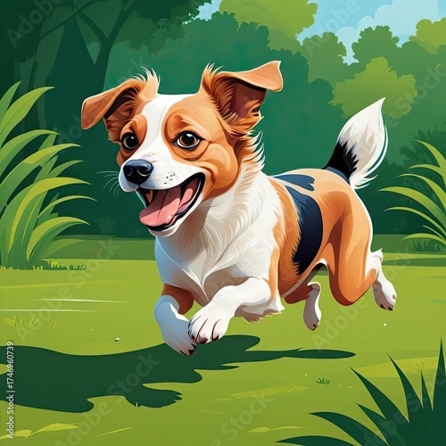 Playful dog joyfully runs in lush green park on a sunny day
